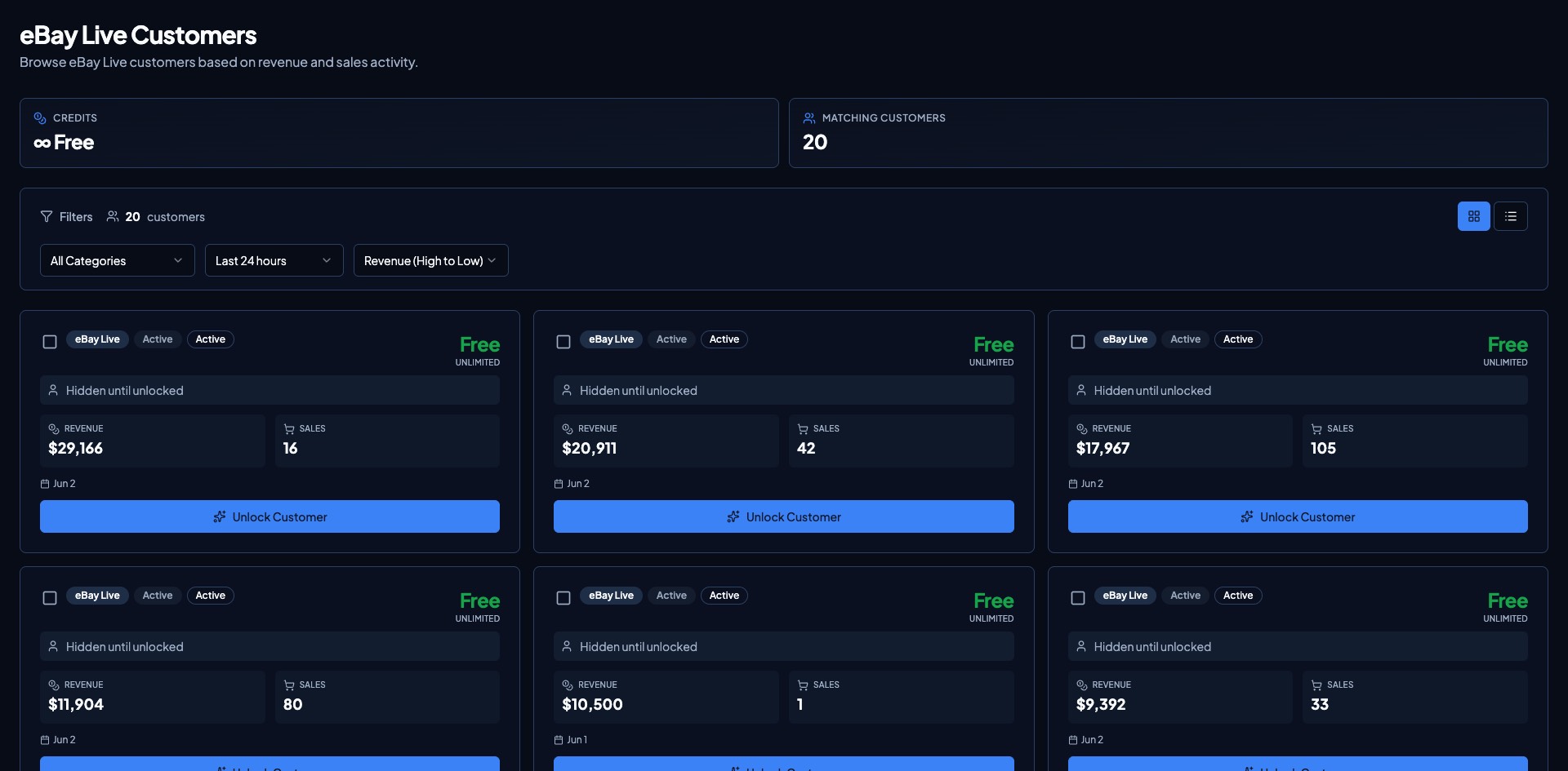 Resellbot Spy eBay Live customer profile browser with locked customer identities and revenue signals